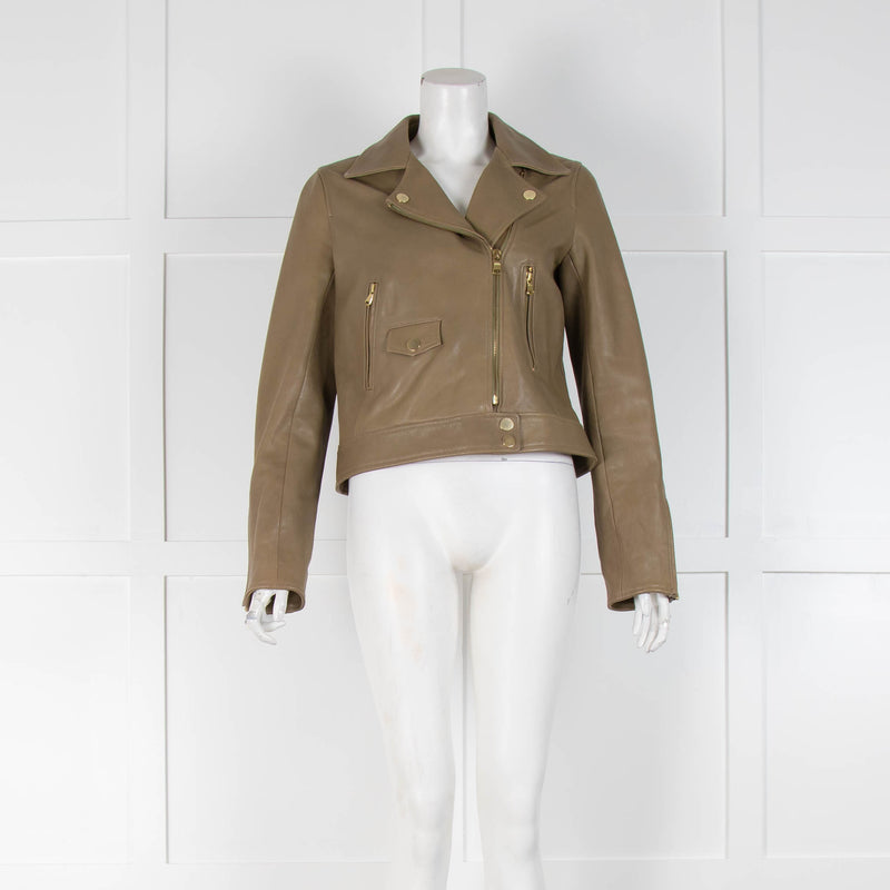 Me Em Khaki Leather Crop Biker Jacket