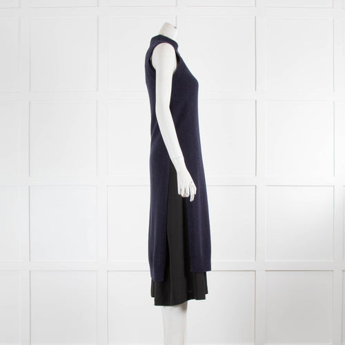 Joseph Navy Wool Cashmere Blend Sleeveless Dress with Attached Black Silk Slip