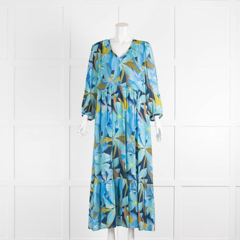 Luisa Cerano Blue Green Floral V Neck Dress