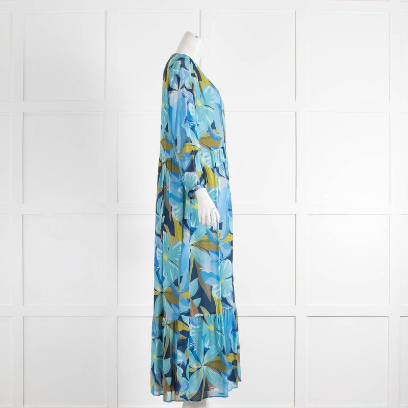 Luisa Cerano Blue Green Floral V Neck Dress