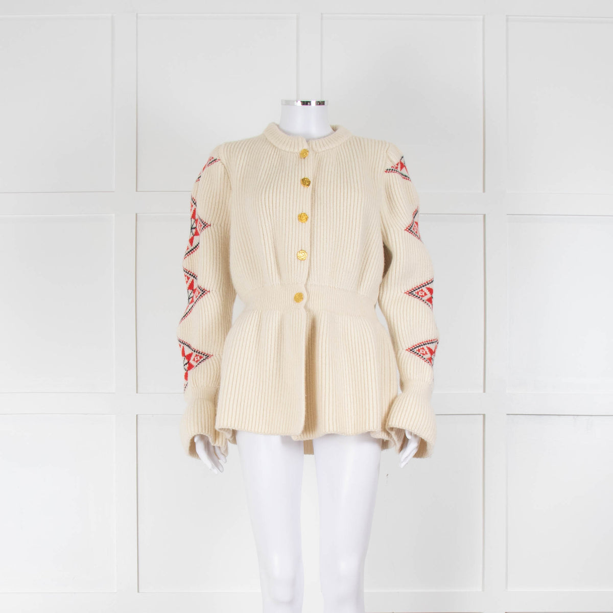Ami Amalia Cream Red Organic Wool Romanian Blouse Cardigan