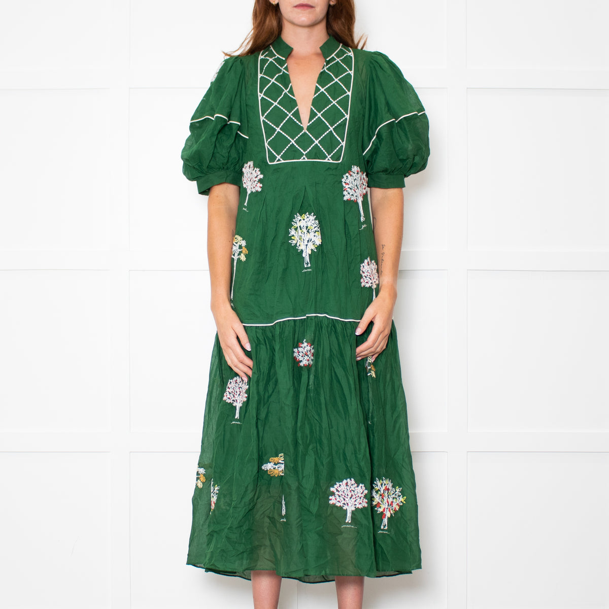 Farm Rio Green Short Sleeve Embroidered Trees Midi Dress