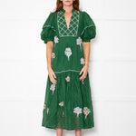 Farm Rio Green Short Sleeve Embroidered Trees Midi Dress
