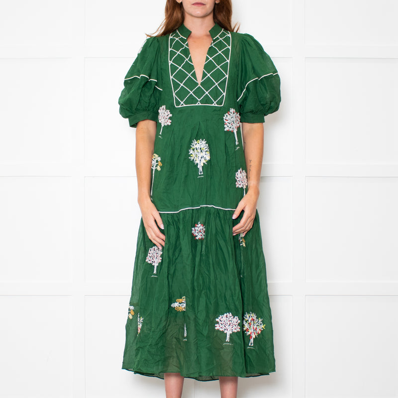 Farm Rio Green Short Sleeve Embroidered Trees Midi Dress