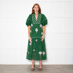 Farm Rio Green Short Sleeve Embroidered Trees Midi Dress