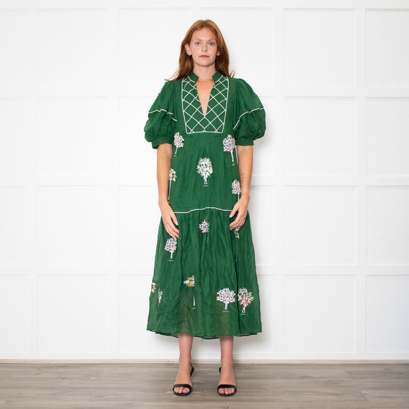 Farm Rio Green Short Sleeve Embroidered Trees Midi Dress