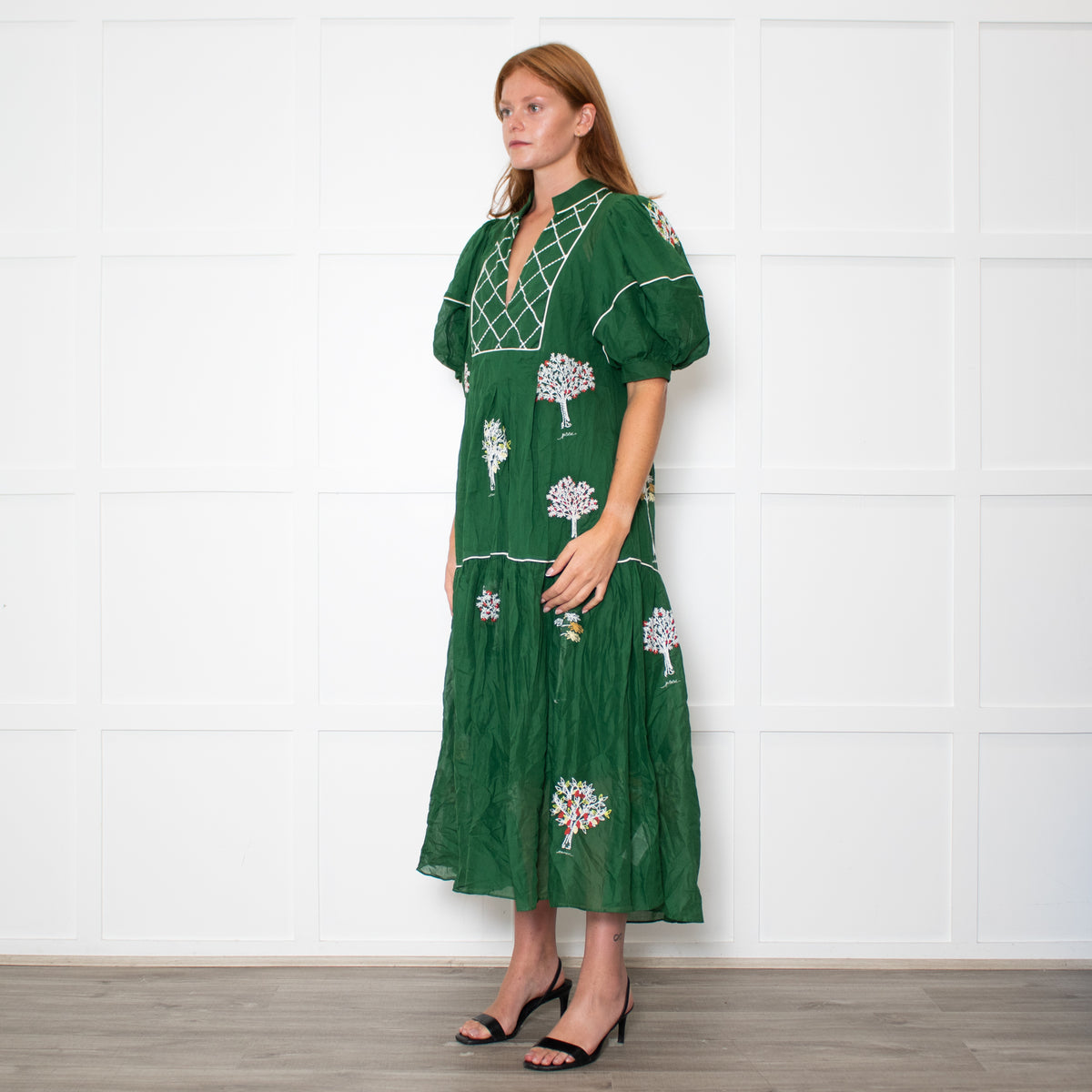 Farm Rio Green Short Sleeve Embroidered Trees Midi Dress