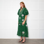 Farm Rio Green Short Sleeve Embroidered Trees Midi Dress