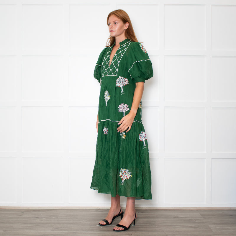 Farm Rio Green Short Sleeve Embroidered Trees Midi Dress