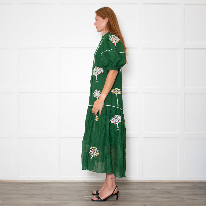 Farm Rio Green Short Sleeve Embroidered Trees Midi Dress