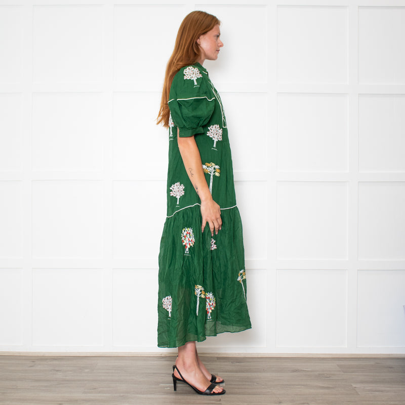 Farm Rio Green Short Sleeve Embroidered Trees Midi Dress