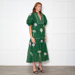 Farm Rio Green Short Sleeve Embroidered Trees Midi Dress