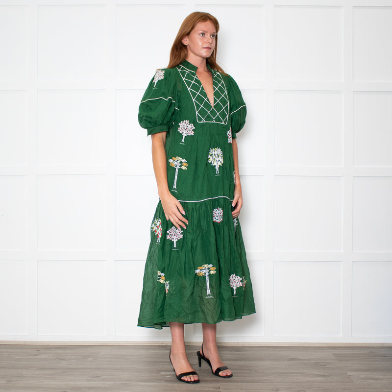 Farm Rio Green Short Sleeve Embroidered Trees Midi Dress