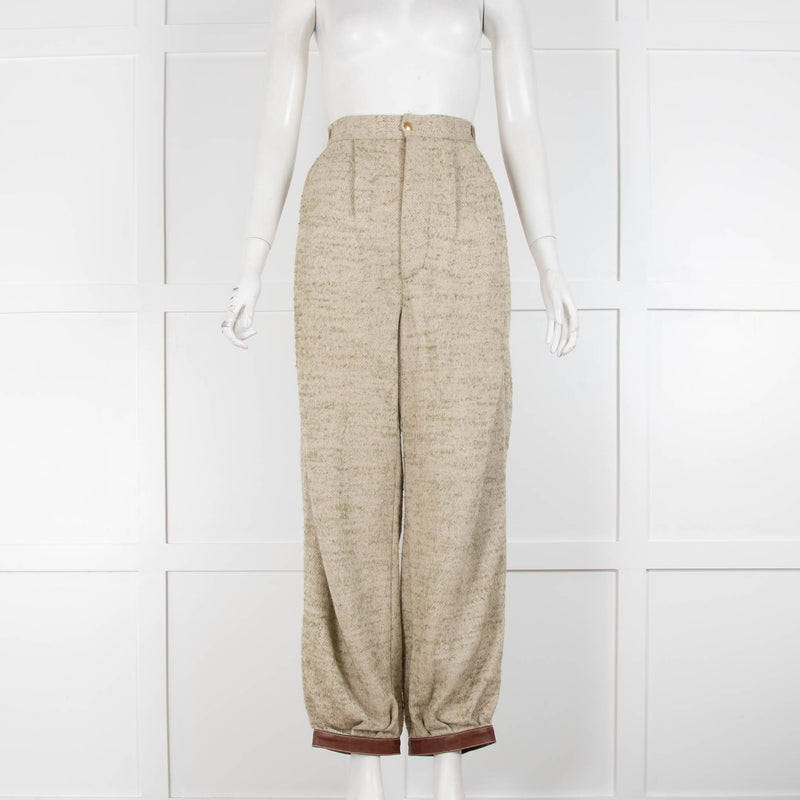 Loewe Khaki Stretchy Knitted Leather Trim Trousers