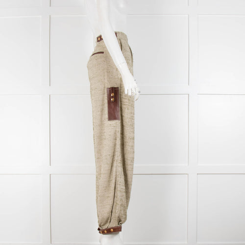 Loewe Khaki Stretchy Knitted Leather Trim Trousers