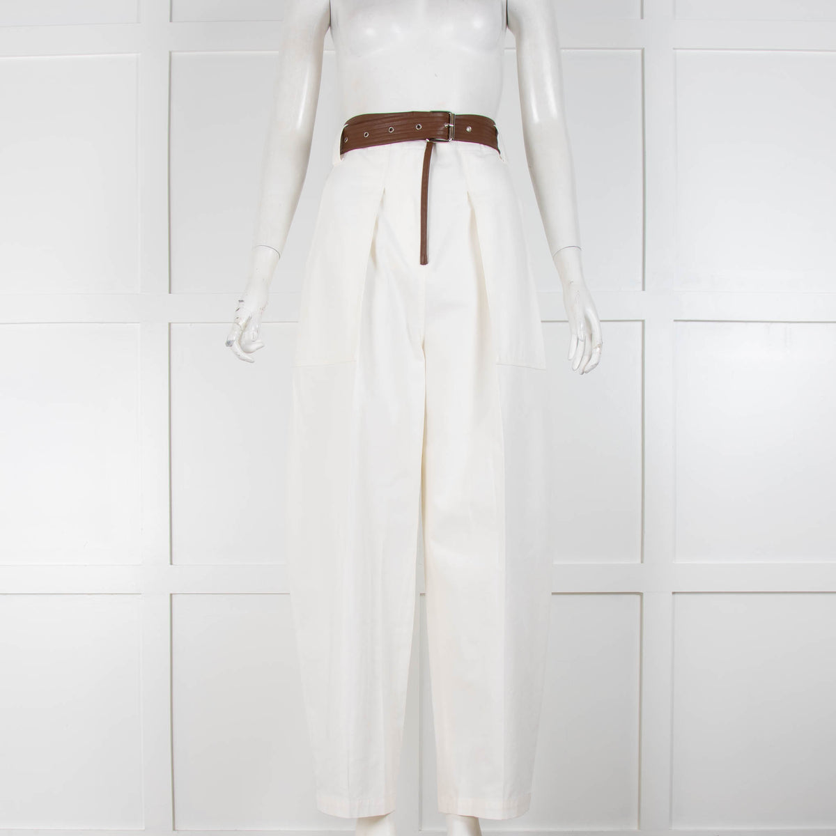 Lvir Cream Cotton Brown Leather Trousers