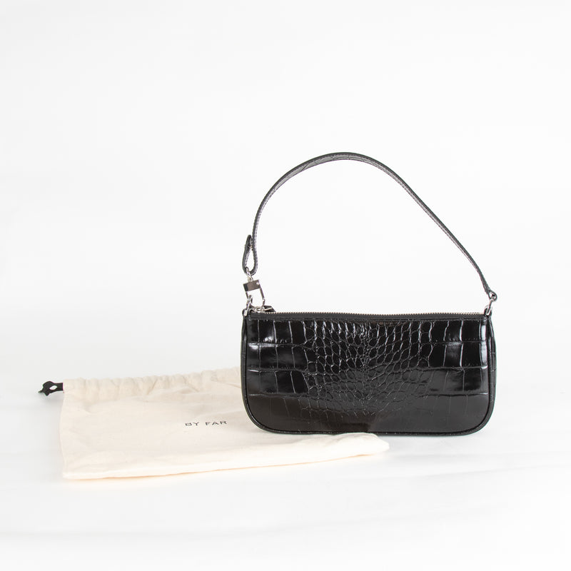 By Far Black Croc Embossed Rachel Shoulder Bag