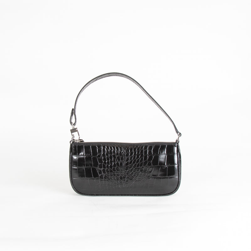 By Far Black Croc Embossed Rachel Shoulder Bag