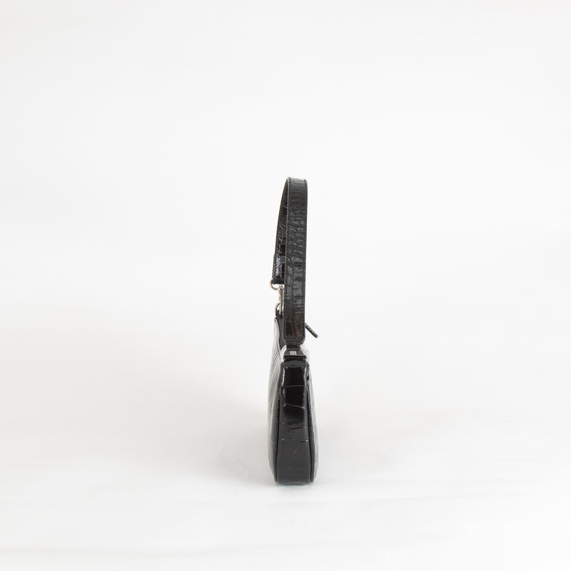 By Far Black Croc Embossed Rachel Shoulder Bag