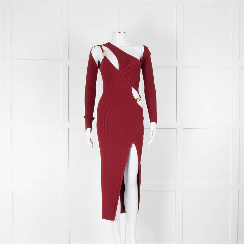 Nicholas Burgundy Ribbed Midi Dress with Cut outs and Chain Details
