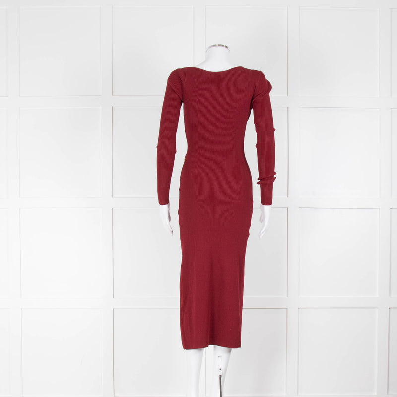 Nicholas Burgundy Ribbed Midi Dress with Cut outs and Chain Details