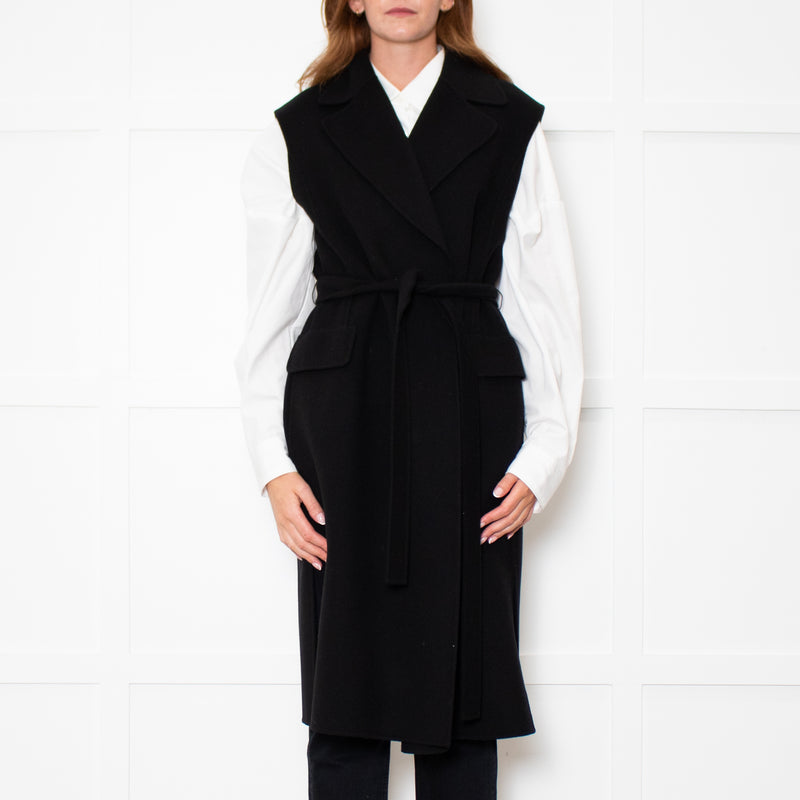 S Max Mara Black Belted Longline Virgin Wool Gilet