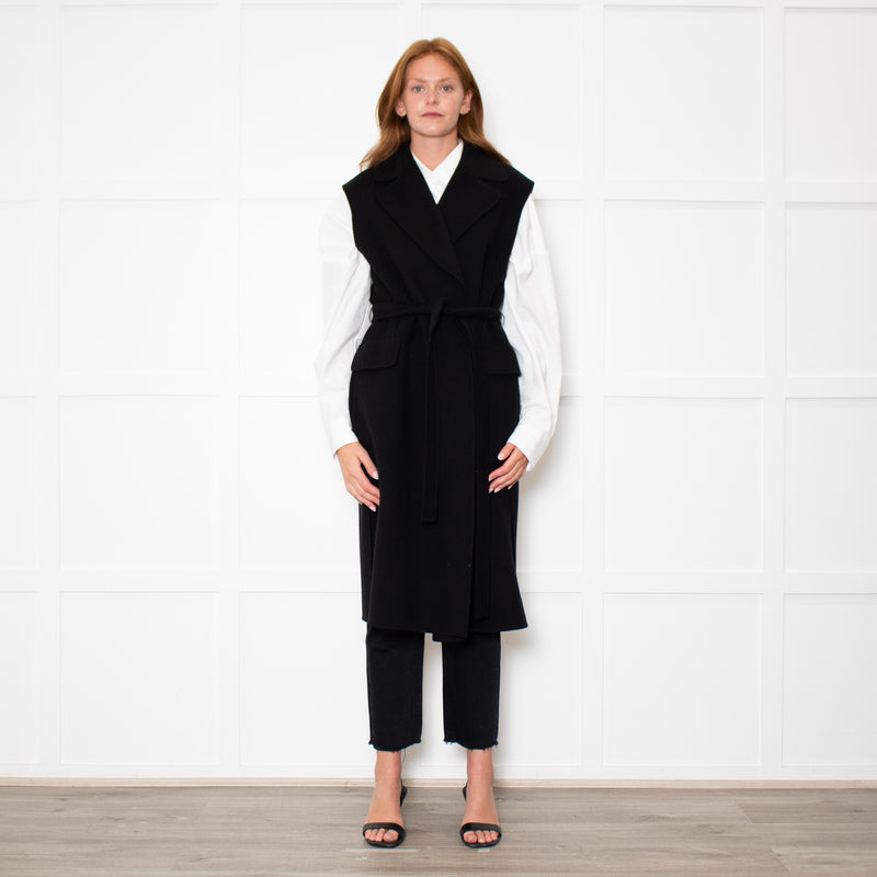 S Max Mara Black Belted Longline Virgin Wool Gilet