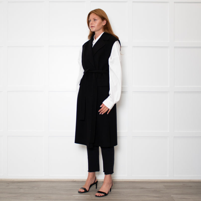 S Max Mara Black Belted Longline Virgin Wool Gilet