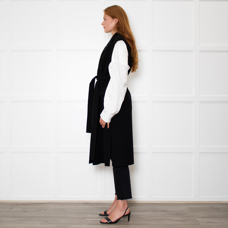 S Max Mara Black Belted Longline Virgin Wool Gilet