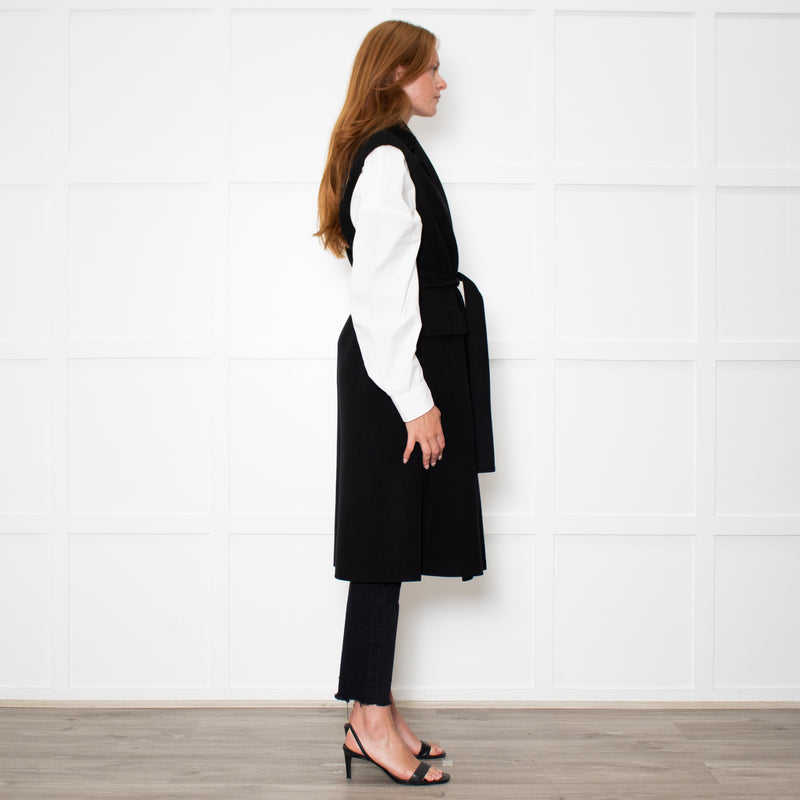 S Max Mara Black Belted Longline Virgin Wool Gilet