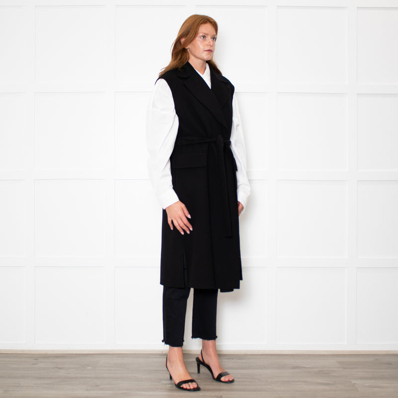 S Max Mara Black Belted Longline Virgin Wool Gilet