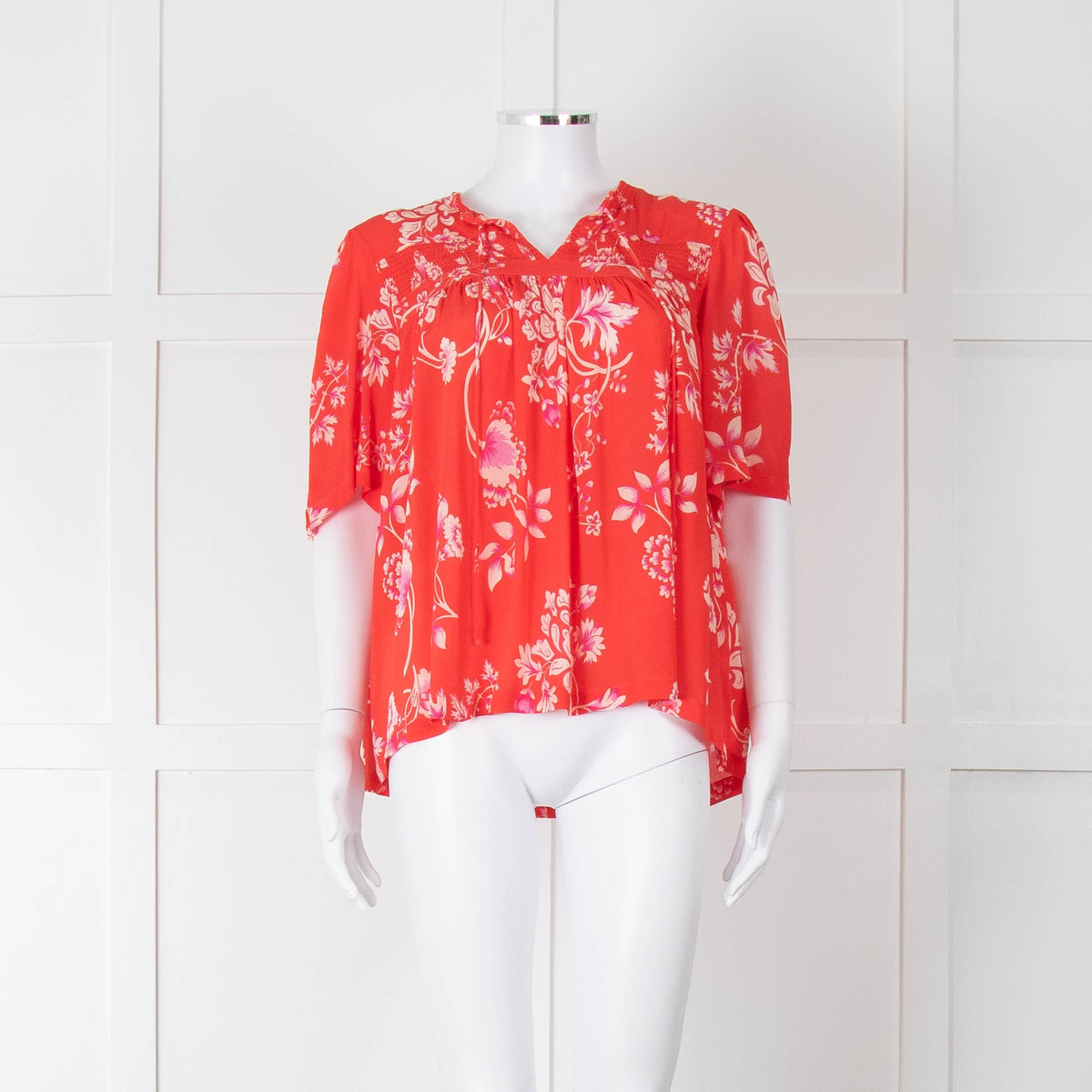Rae Feather Red Patterned Short Sleeve Top With Ties
