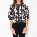 Farm Rio Black and White Retro Floral Print Blouse With Floral Embelishment