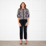 Farm Rio Black and White Retro Floral Print Blouse With Floral Embelishment