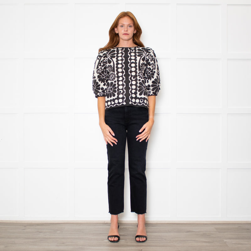 Farm Rio Black and White Retro Floral Print Blouse With Floral Embelishment