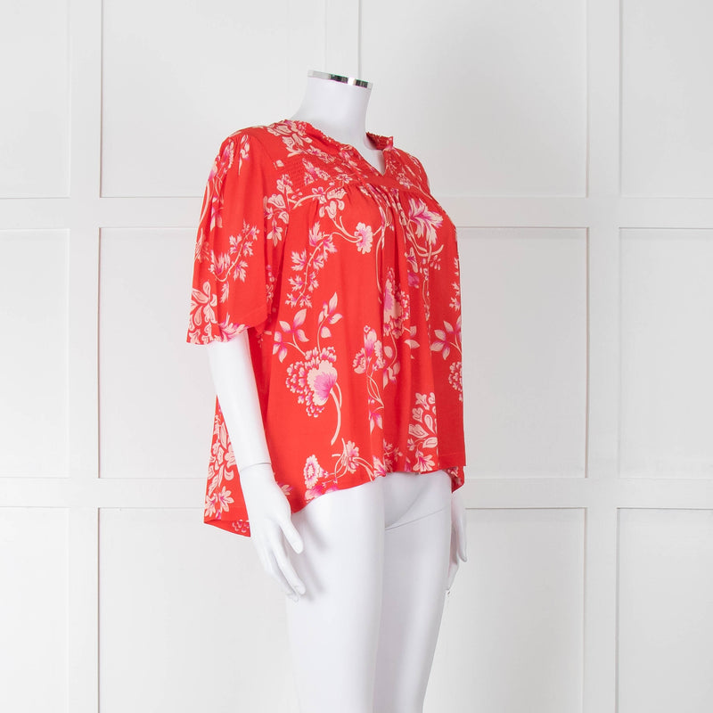 Rae Feather Red Patterned Short Sleeve Top With Ties