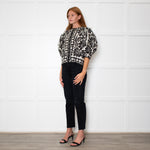 Farm Rio Black and White Retro Floral Print Blouse With Floral Embelishment