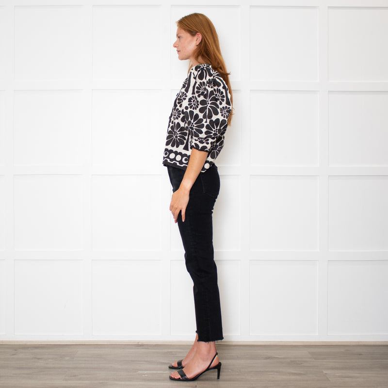 Farm Rio Black and White Retro Floral Print Blouse With Floral Embelishment