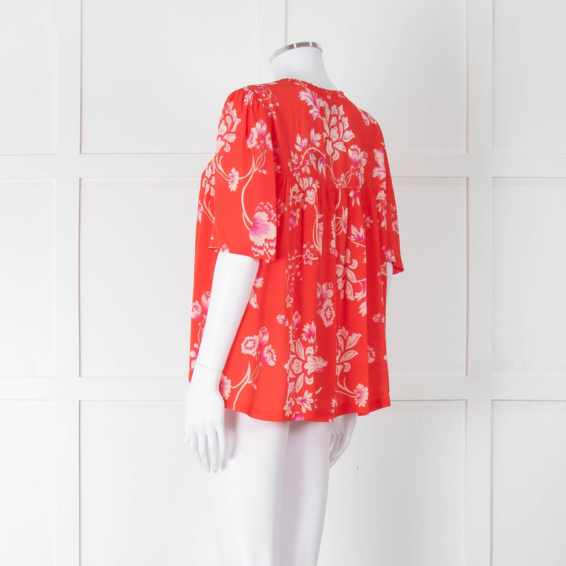 Rae Feather Red Patterned Short Sleeve Top With Ties