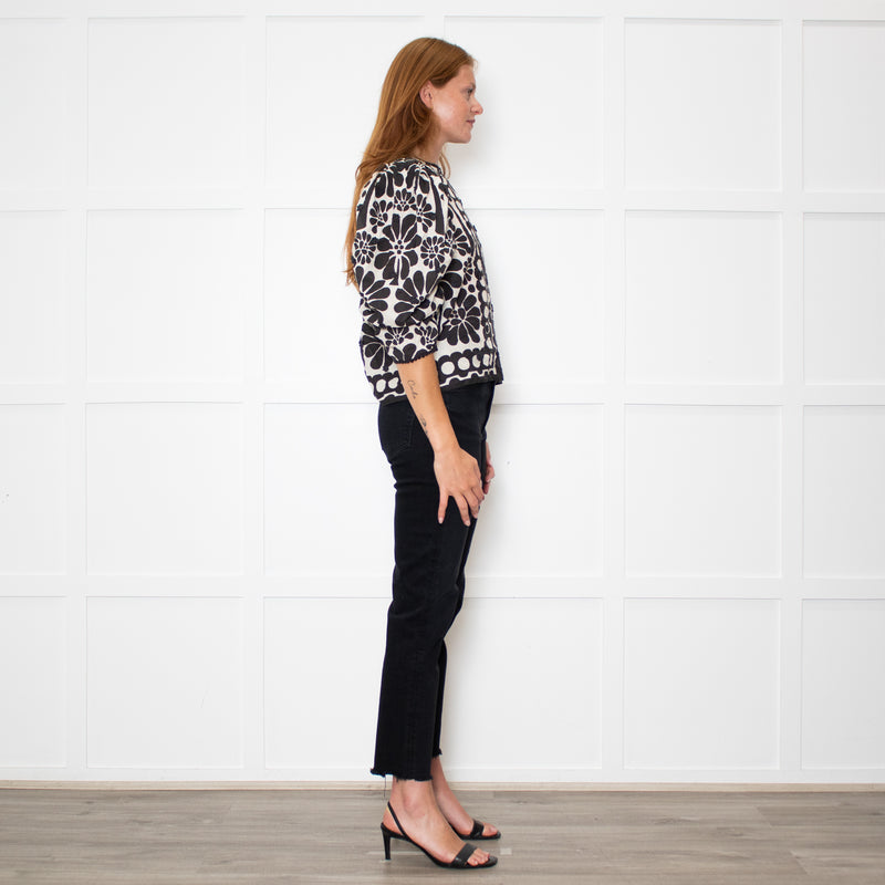 Farm Rio Black and White Retro Floral Print Blouse With Floral Embelishment