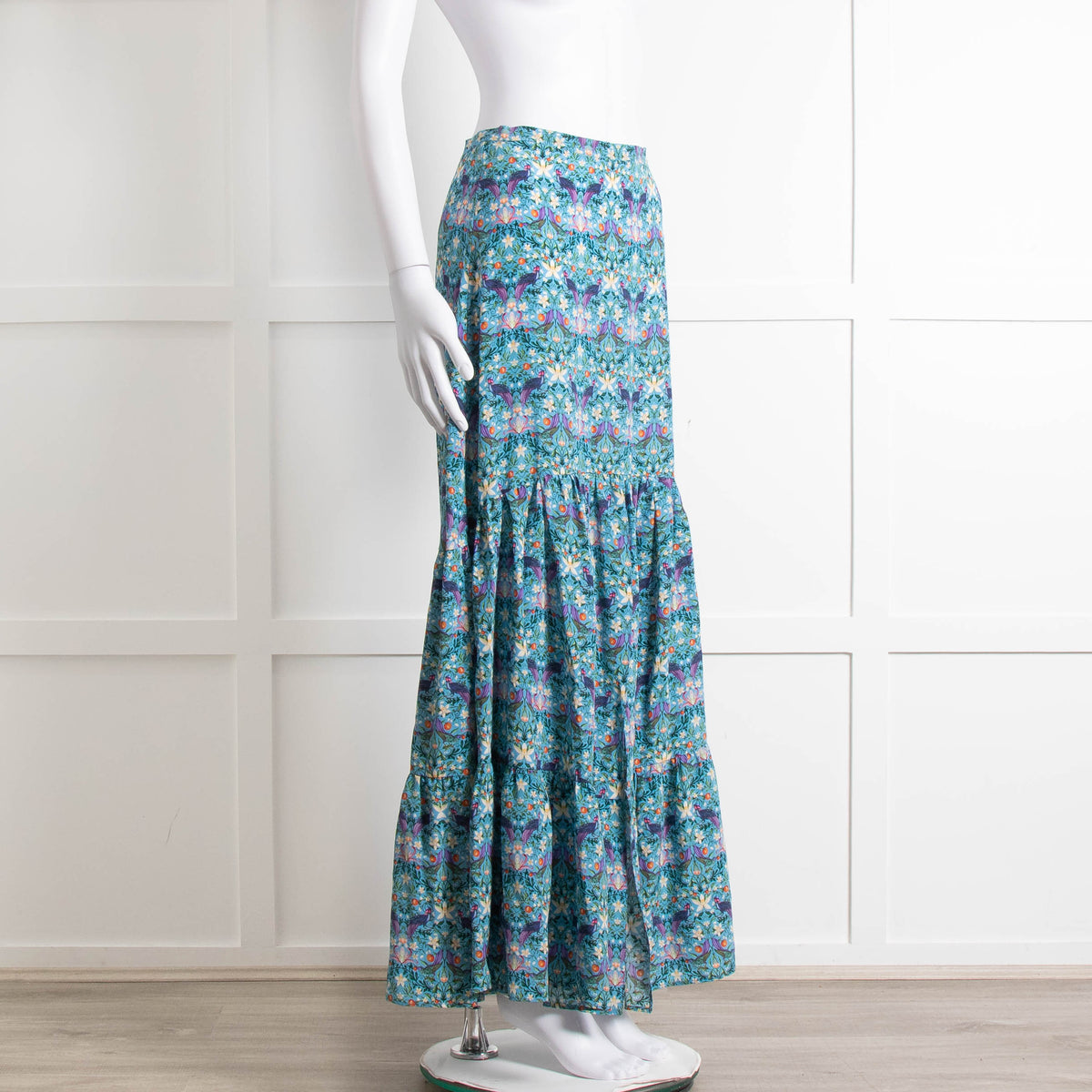Ridley Blue Floral Silk Open Front Maxi Skirt