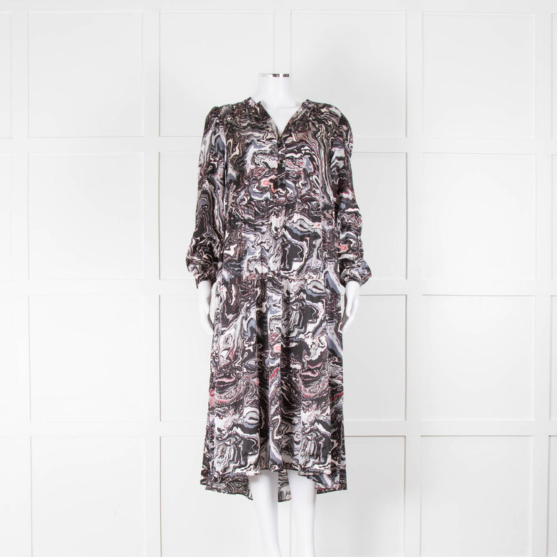 Charlotte Sparre Dark Marble Print Silk Tiered Midi Dress