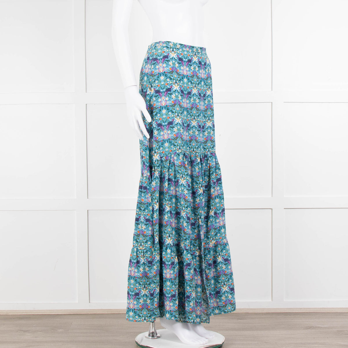 Ridley Blue Floral Silk Open Front Maxi Skirt