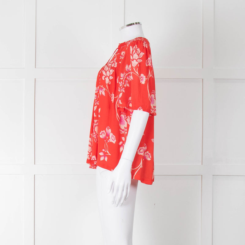 Rae Feather Red Patterned Short Sleeve Top With Ties