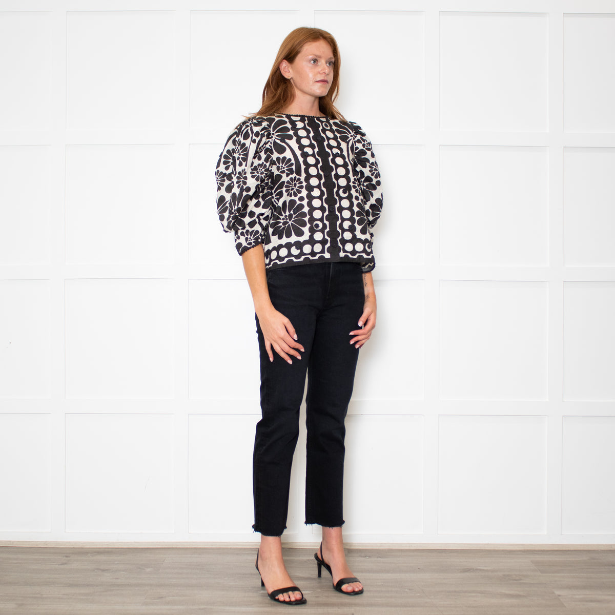 Farm Rio Black and White Retro Floral Print Blouse With Floral Embelishment