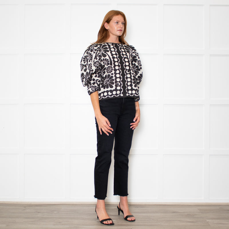 Farm Rio Black and White Retro Floral Print Blouse With Floral Embelishment
