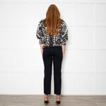 Farm Rio Black and White Retro Floral Print Blouse With Floral Embelishment