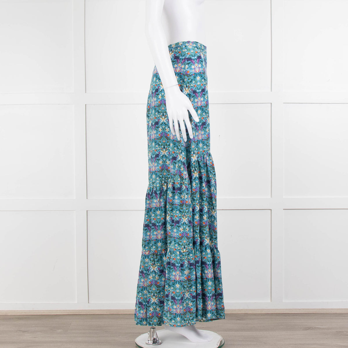 Ridley Blue Floral Silk Open Front Maxi Skirt