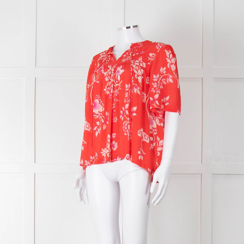 Rae Feather Red Patterned Short Sleeve Top With Ties