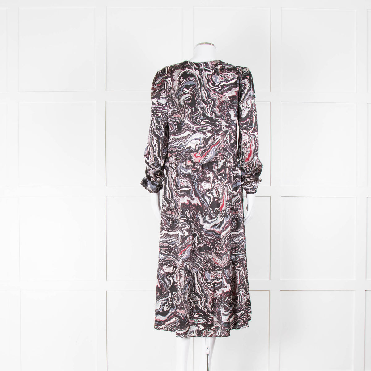 Charlotte Sparre Dark Marble Print Silk Tiered Midi Dress
